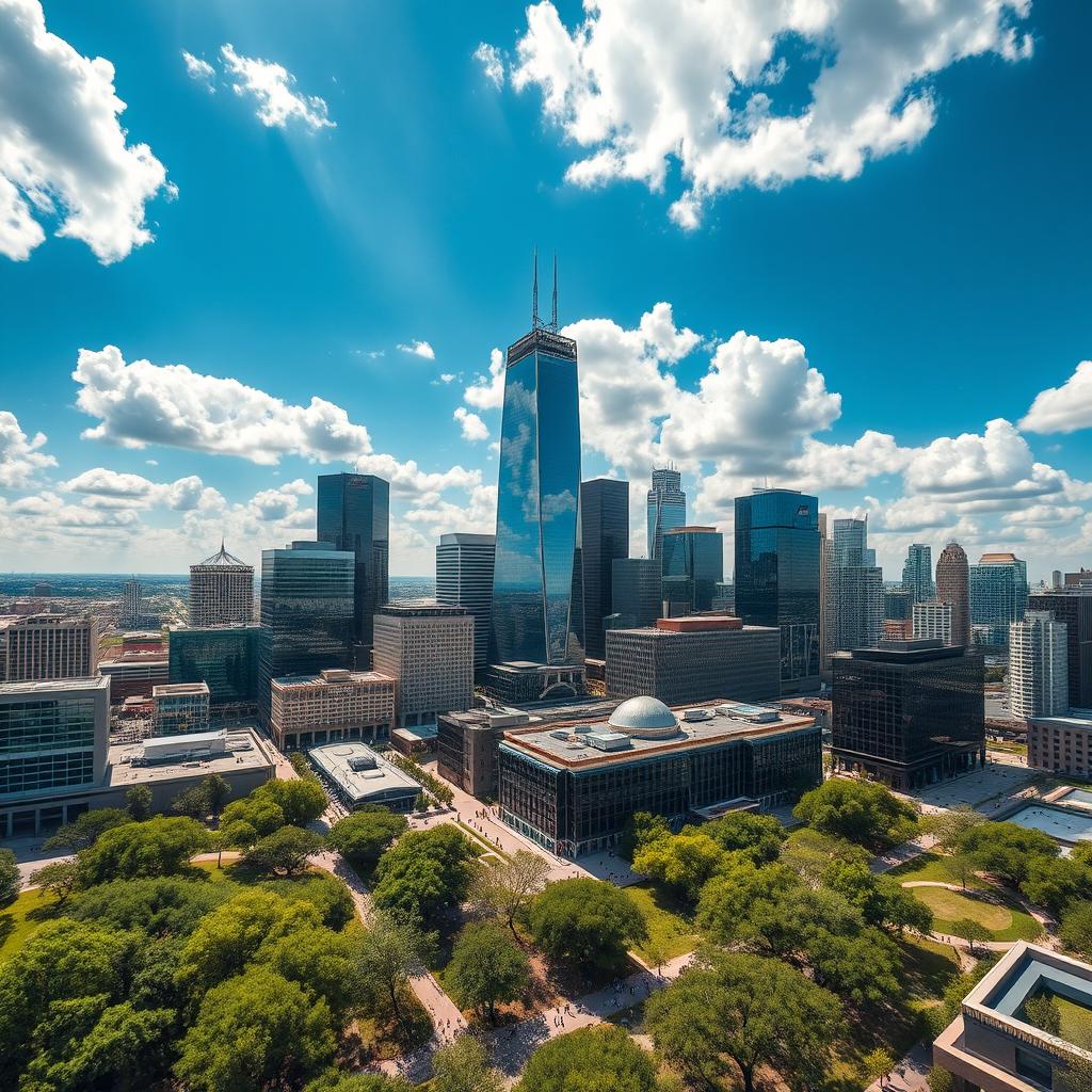 A stunning aerial view of Houston, Texas, showcasing the city's modern skyline with a mix of glass and steel skyscrapers reflecting sunlight