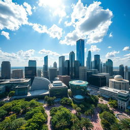 A stunning aerial view of Houston, Texas, showcasing the city's modern skyline with a mix of glass and steel skyscrapers reflecting sunlight