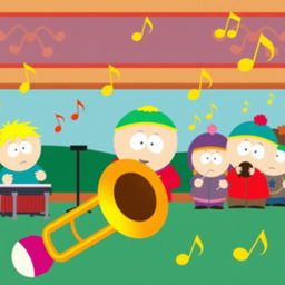 A cartoon-style scene featuring a brass trombone prominently in the foreground, with vibrant colors and whimsical designs typical of the South Park aesthetic