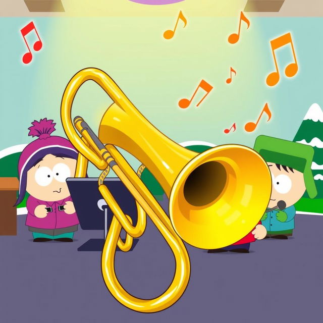 A cartoon-style scene featuring a brass trombone prominently in the foreground, with vibrant colors and whimsical designs typical of the South Park aesthetic