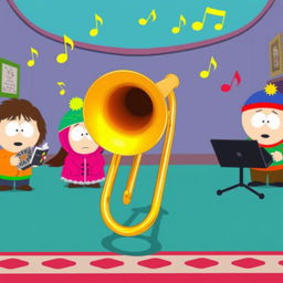 A cartoon-style scene featuring a brass trombone prominently in the foreground, with vibrant colors and whimsical designs typical of the South Park aesthetic