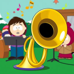 A cartoon-style scene featuring a brass trombone prominently in the foreground, with vibrant colors and whimsical designs typical of the South Park aesthetic
