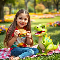 A cheerful girl enjoying a delicious burger while sitting next to her friendly dinosaur