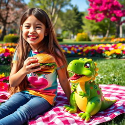 A cheerful girl enjoying a delicious burger while sitting next to her friendly dinosaur