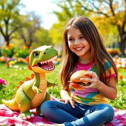 A cheerful girl enjoying a delicious burger while sitting next to her friendly dinosaur
