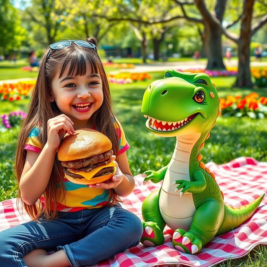 A cheerful girl enjoying a delicious burger while sitting next to her friendly dinosaur