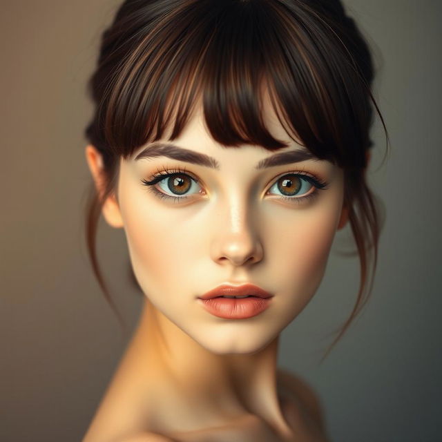 A portrait of a young woman with fair skin and large brown eyes