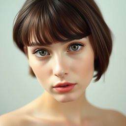 A portrait of a young woman with fair skin and large brown eyes