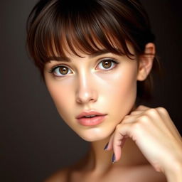 A portrait of a young woman with fair skin and large brown eyes