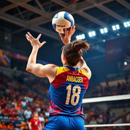 A dynamic scene of a national volleyball player receiving a fast-paced set from a setter, depicted from behind