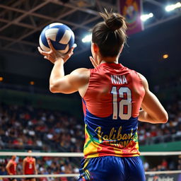 A dynamic scene of a national volleyball player receiving a fast-paced set from a setter, depicted from behind