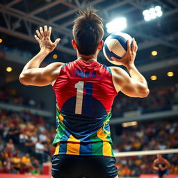A dynamic scene of a national volleyball player receiving a fast-paced set from a setter, depicted from behind