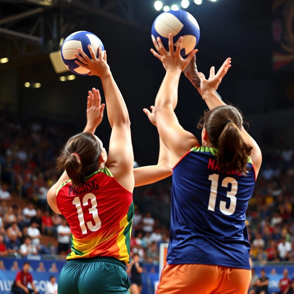 A dynamic scene of a national volleyball player receiving a fast-paced set from a setter, depicted from behind