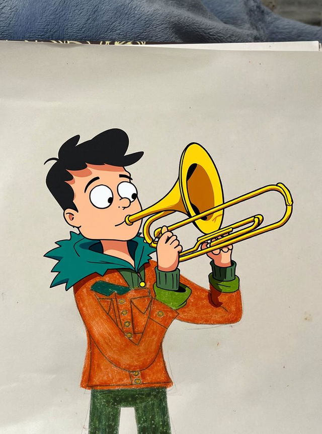 A cartoon character with bright red curly hair wearing a green hat, orange shirt, and green gloves, energetically playing a trombone