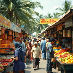A nostalgic market scene set in East Java during the 1990s, bustling with activity