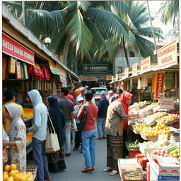 A nostalgic market scene set in East Java during the 1990s, bustling with activity