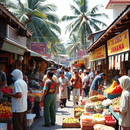 A nostalgic market scene set in East Java during the 1990s, bustling with activity