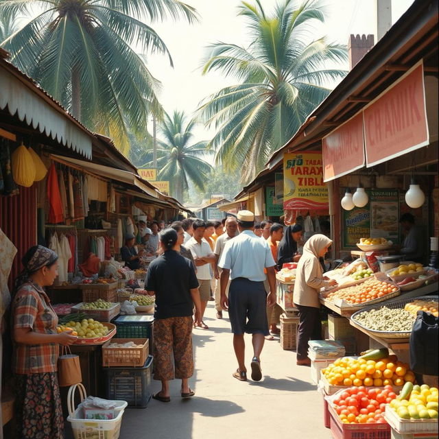 A nostalgic market scene set in East Java during the 1990s, bustling with activity