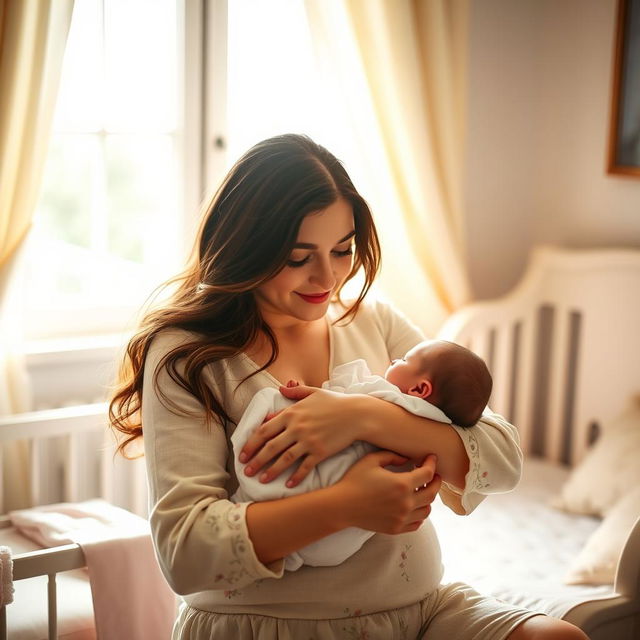 A serene and intimate scene of a beautiful woman resembling Lily Collins, with dark, expressive eyes and a soft smile, cradling her baby in her arms while nursing