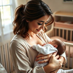 A serene and intimate scene of a beautiful woman resembling Lily Collins, with dark, expressive eyes and a soft smile, cradling her baby in her arms while nursing