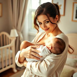 A serene and intimate scene of a beautiful woman resembling Lily Collins, with dark, expressive eyes and a soft smile, cradling her baby in her arms while nursing