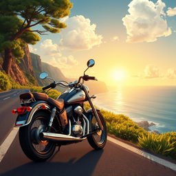 A detailed illustration of a vintage motorcycle parked beside a scenic coastal road