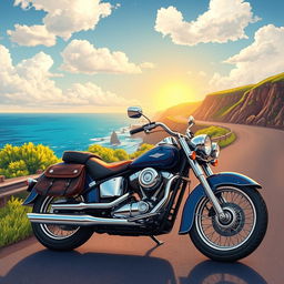 A detailed illustration of a vintage motorcycle parked beside a scenic coastal road