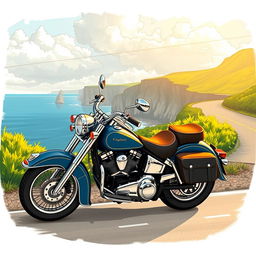 A detailed illustration of a vintage motorcycle parked beside a scenic coastal road