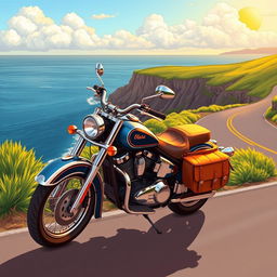 A detailed illustration of a vintage motorcycle parked beside a scenic coastal road