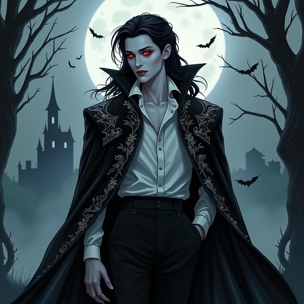 A striking character design of a vampire for a gothic novel cover, featuring a tall, elegant figure with pale skin and sharp features