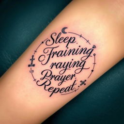 A beautifully designed tattoo featuring the words 'Sleep', 'Training', 'Praying', and 'Repeat' in an elegant, flowing script
