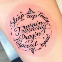 A beautifully designed tattoo featuring the words 'Sleep', 'Training', 'Praying', and 'Repeat' in an elegant, flowing script