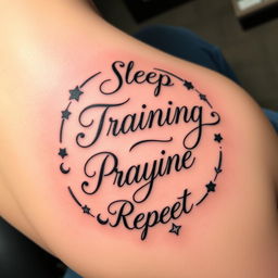 A beautifully designed tattoo featuring the words 'Sleep', 'Training', 'Praying', and 'Repeat' in an elegant, flowing script