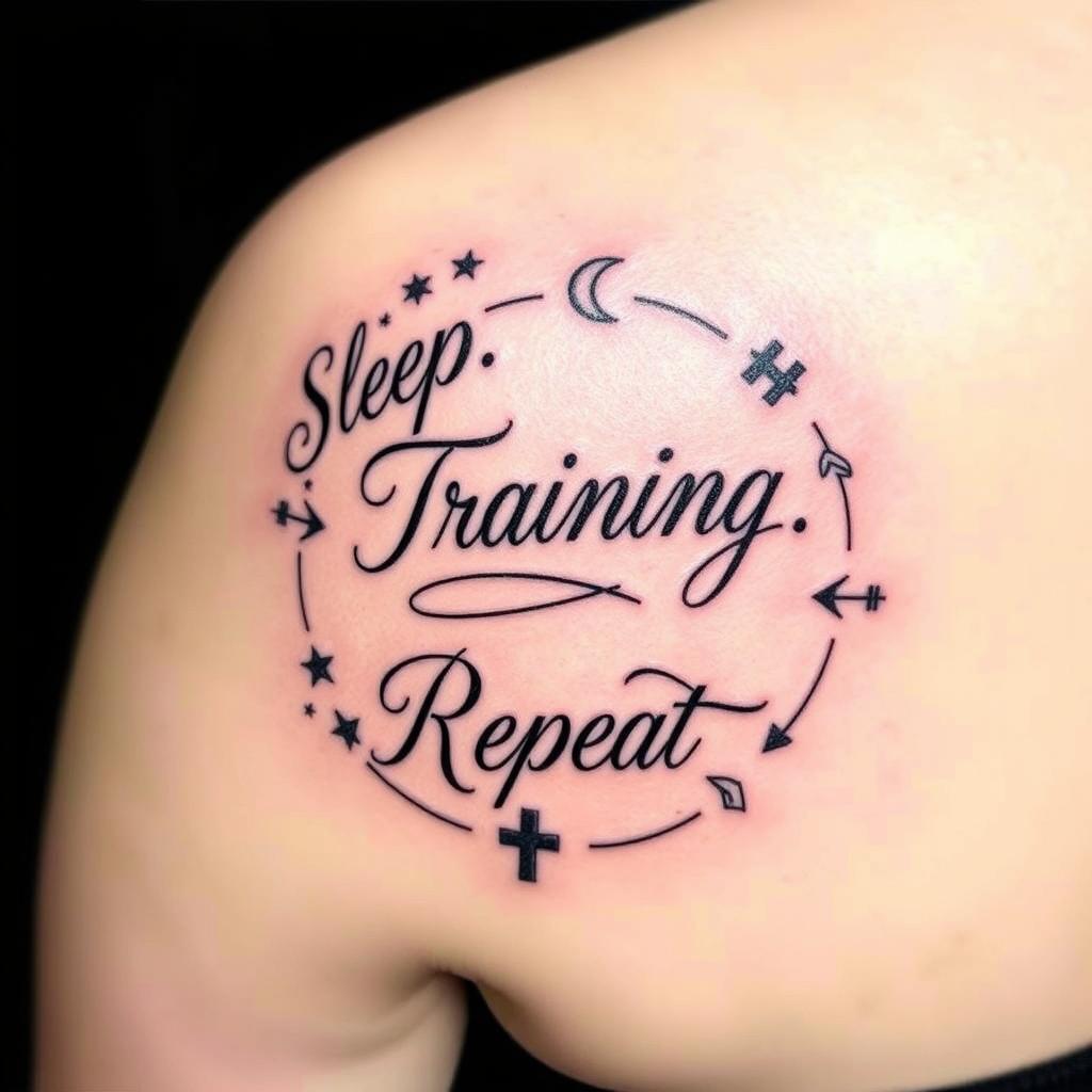 A beautifully designed tattoo featuring the words 'Sleep', 'Training', 'Praying', and 'Repeat' in an elegant, flowing script