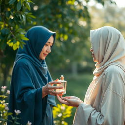 A serene and calming scene featuring a young woman wearing a light beige hijab that covers all her hair, appearing overwhelmed by everyday stress and anxiety