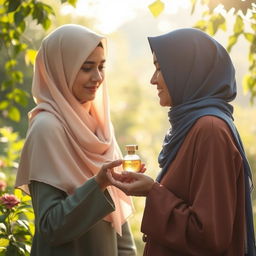 A serene and calming scene featuring a young woman wearing a light beige hijab that covers all her hair, appearing overwhelmed by everyday stress and anxiety