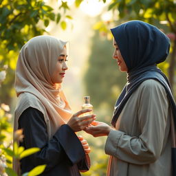 A serene and calming scene featuring a young woman wearing a light beige hijab that covers all her hair, appearing overwhelmed by everyday stress and anxiety