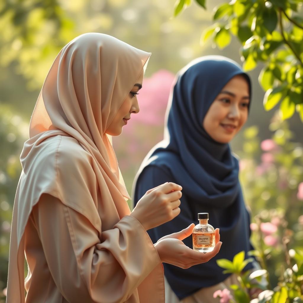 A serene and calming scene featuring a young woman wearing a light beige hijab that covers all her hair, appearing overwhelmed by everyday stress and anxiety