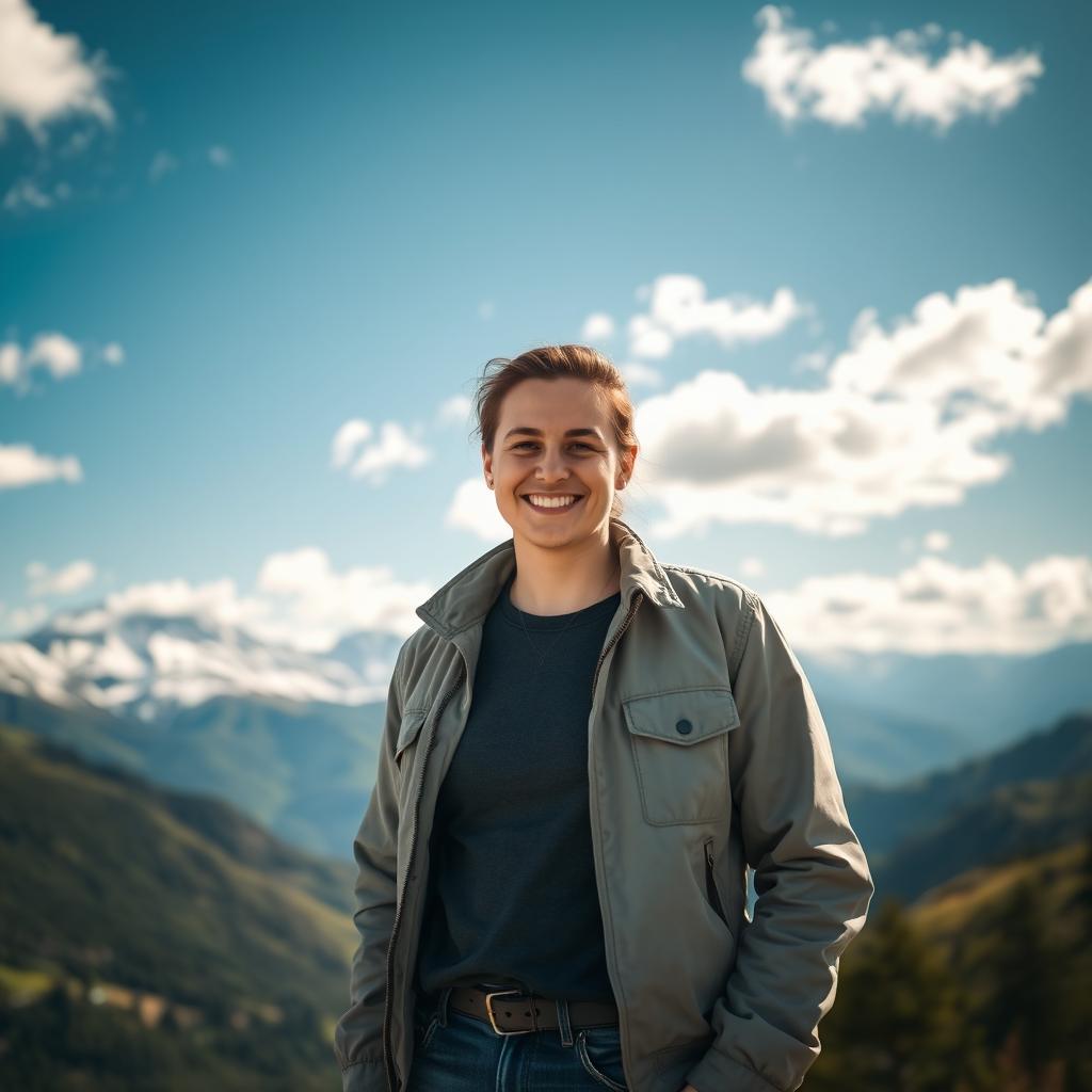 A portrait of a person standing in focus, with a smiling expression, surrounded by a beautiful mountain view in the background