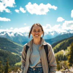 A portrait of a person standing in focus, with a smiling expression, surrounded by a beautiful mountain view in the background
