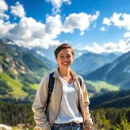 A portrait of a person standing in focus, with a smiling expression, surrounded by a beautiful mountain view in the background