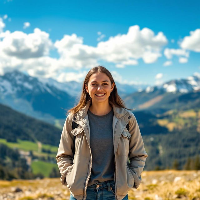 A portrait of a person standing in focus, with a smiling expression, surrounded by a beautiful mountain view in the background