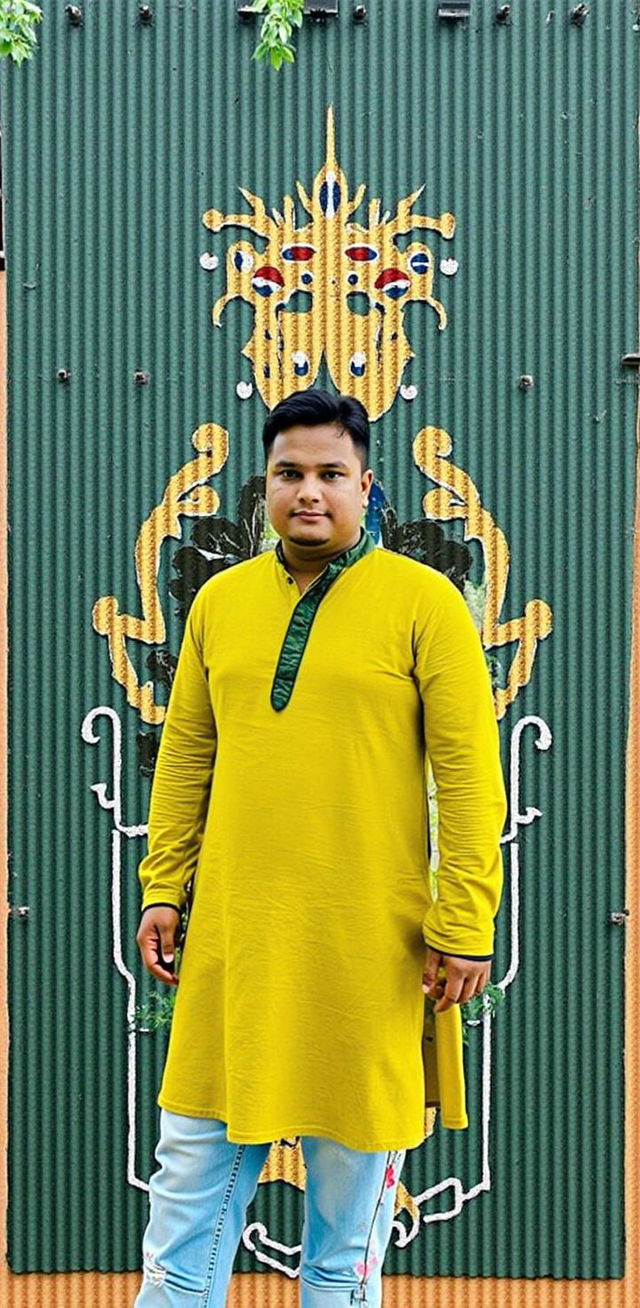 A young man standing confidently in a park, wearing a bright yellow kurta with a traditional collar and light blue jeans