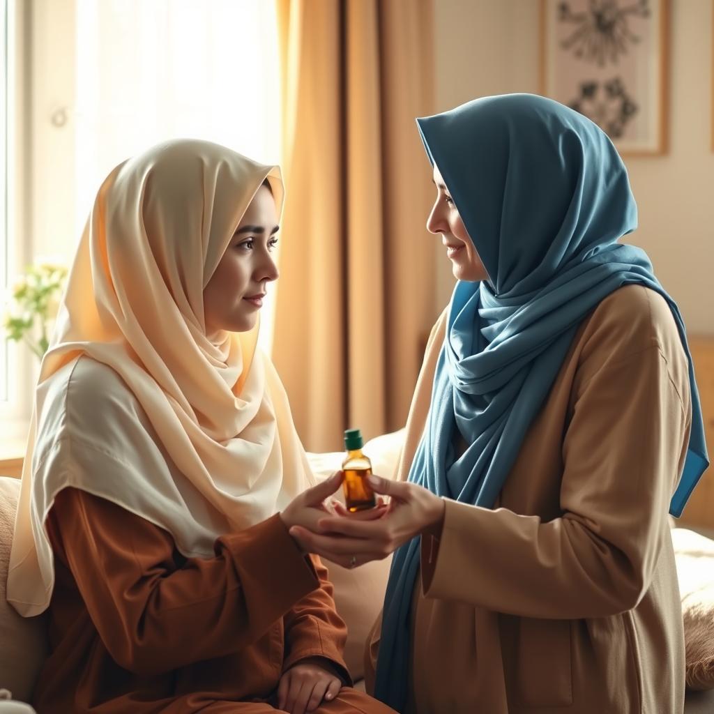 A serene scene in a sunlit room where a young woman wearing a cream-colored headscarf, covering all her hair, expresses her anxiety about daily life to a kind, modest woman in a blue headscarf