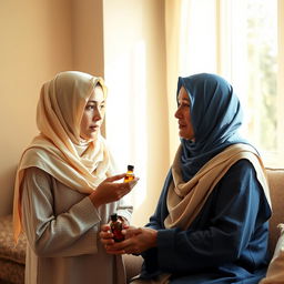 A serene scene in a sunlit room where a young woman wearing a cream-colored headscarf, covering all her hair, expresses her anxiety about daily life to a kind, modest woman in a blue headscarf