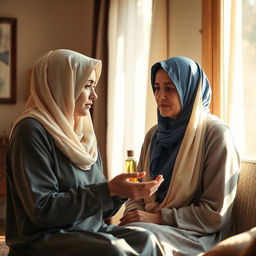A serene scene in a sunlit room where a young woman wearing a cream-colored headscarf, covering all her hair, expresses her anxiety about daily life to a kind, modest woman in a blue headscarf