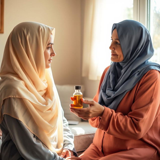 A serene scene in a sunlit room where a young woman wearing a cream-colored headscarf, covering all her hair, expresses her anxiety about daily life to a kind, modest woman in a blue headscarf