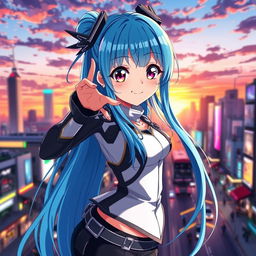 An anime girl with long flowing blue hair, wearing a stylish futuristic outfit with metallic accents, striking a dynamic pose against a vibrant city skyline at sunset