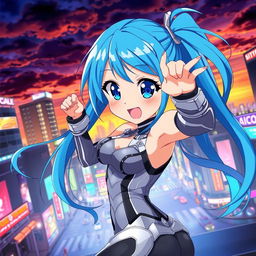 An anime girl with long flowing blue hair, wearing a stylish futuristic outfit with metallic accents, striking a dynamic pose against a vibrant city skyline at sunset