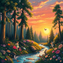 A beautifully illustrated fantasy landscape featuring a lush, enchanted forest with tall, vibrant trees, intricate details of flowers in various colors, and a sparkling stream running through it